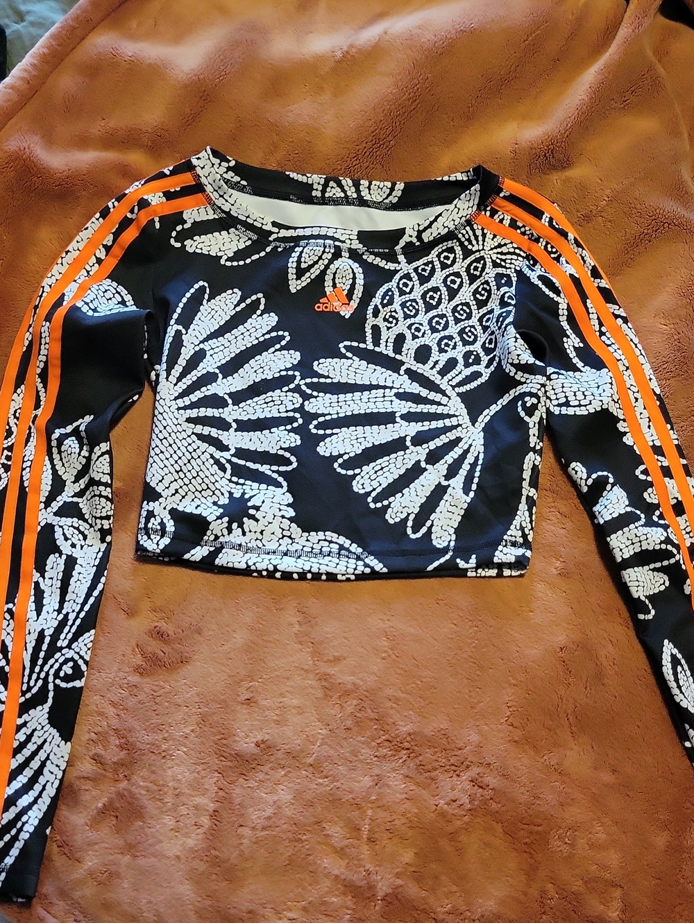 adidas Black Floral Print Long-Sleeve Crop Top with Orange Stripes